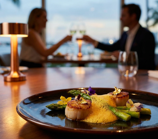 Plated fine dining dish on a waterfront restaurant table at sunset